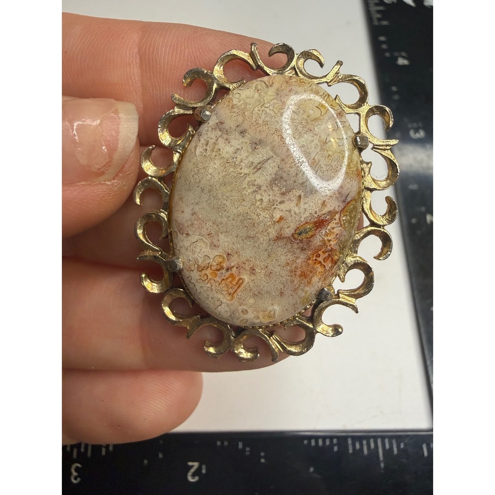 Vintage Gold Tone Filigree Oval Stone Brooch Pendant Polished Cabochon Earthy